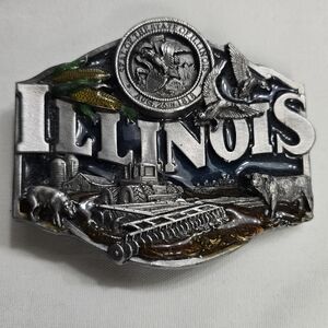 Vintage 80's Illinois Pewter Belt Buckle Siskiyou Buckle Co. Made In USA